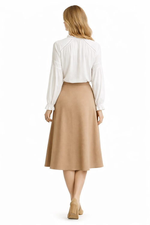 Ruffle High-neck Long Sleeve Lace Insert Tuck White Blouse