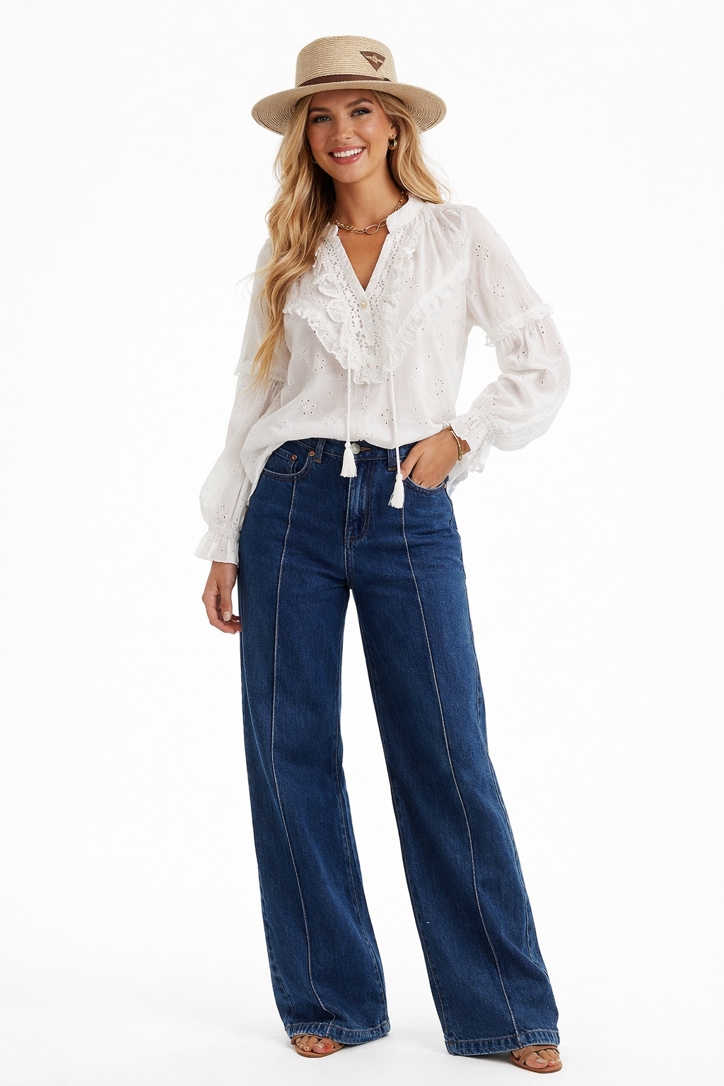 Crochet Lace Trim Embroidered Eyelet Pure Cotton White Blouse