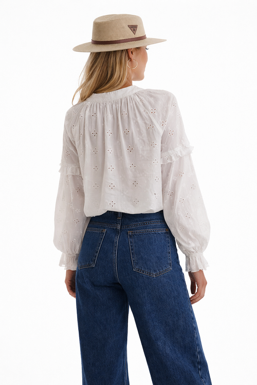 Crochet Lace Trim Embroidered Eyelet Pure Cotton White Blouse