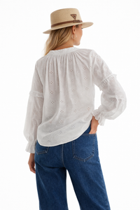 Crochet Lace Trim Embroidered Eyelet Pure Cotton White Blouse