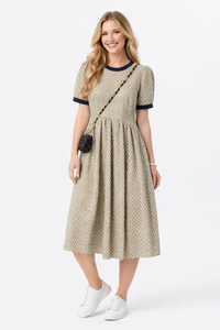 Bohemian Geo Print Loose Fit Pleated Dress with Back tie