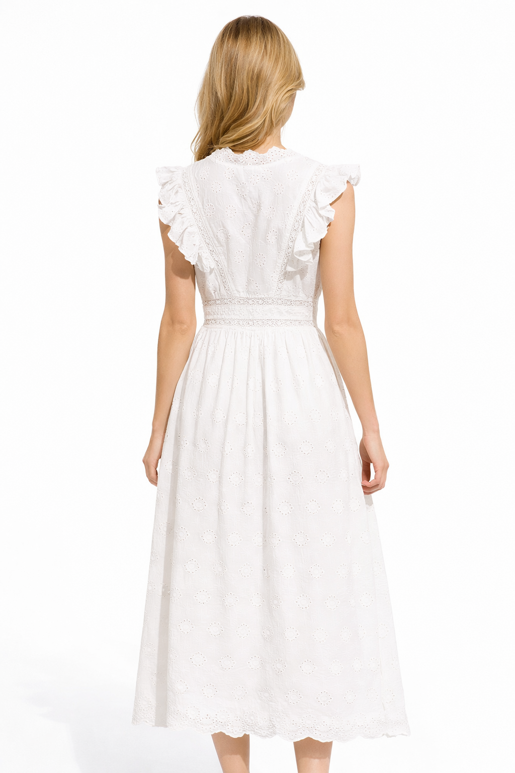 Ruffle Trim Eyelet Embroidered Cotton Dress in White