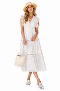 Pom Pom Trimmed V-neck Empire Waist Cotton Dress