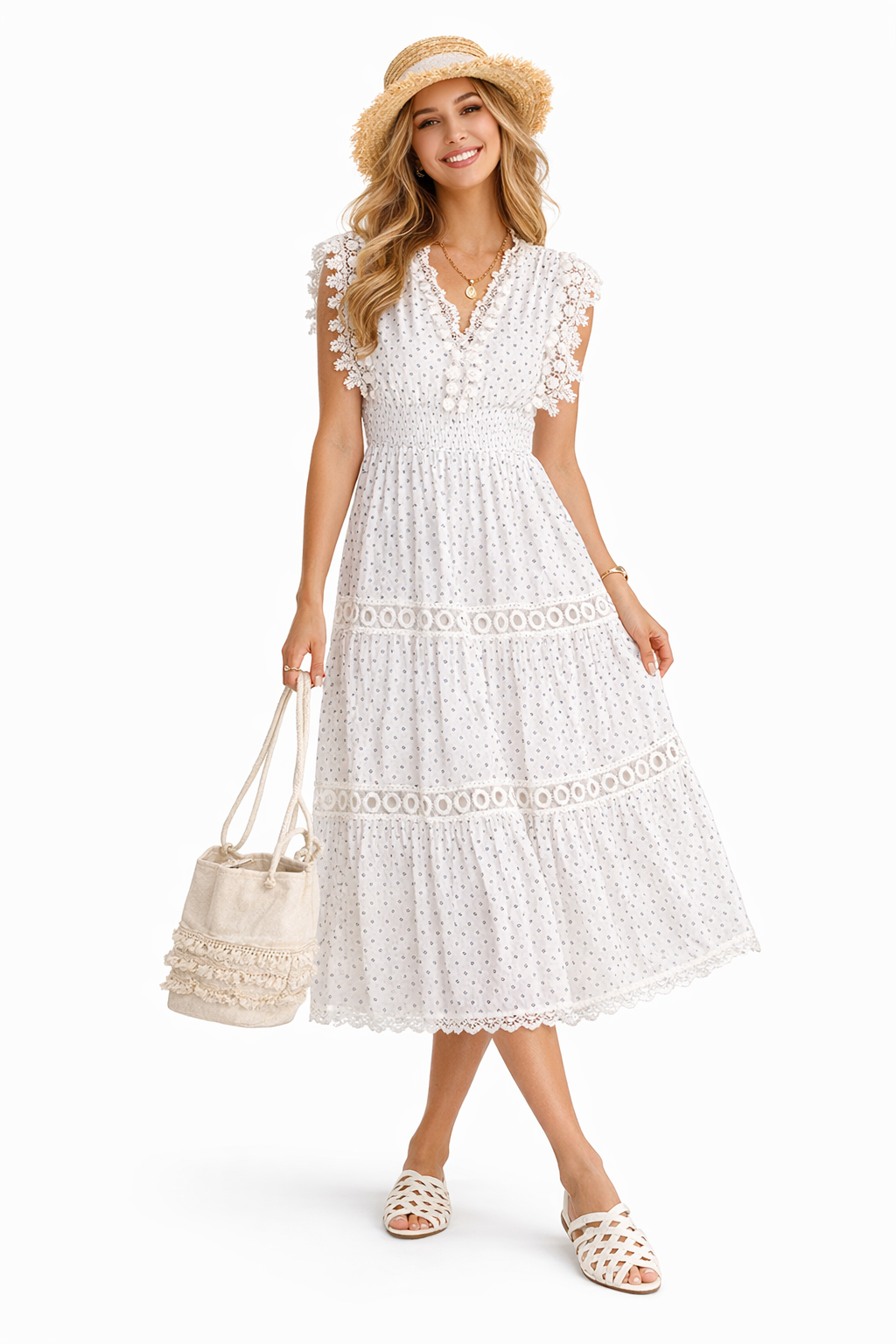 Pom Pom Trimmed V-neck Empire Waist Cotton Dress