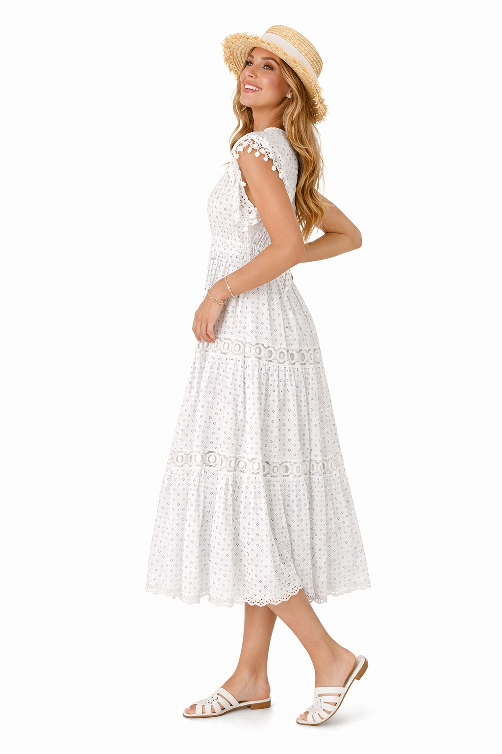 Pom Pom Trimmed V-neck Empire Waist Cotton Dress