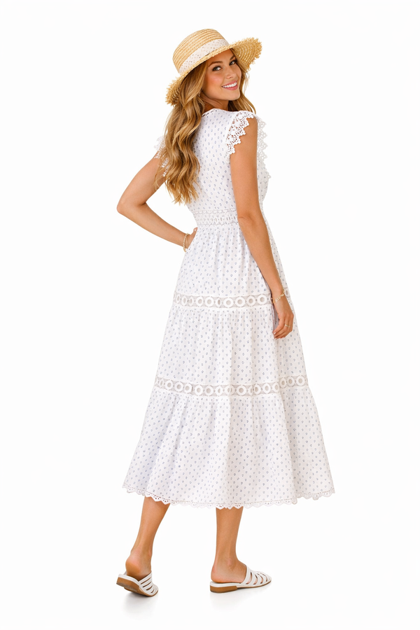 Pom Pom Trimmed V-neck Empire Waist Cotton Dress