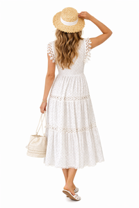 Pom Pom Trimmed V-neck Empire Waist Cotton Dress