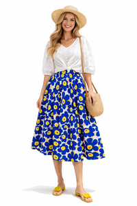 Elastic High Waist Geometric Floral Print A-line Midi Cotton Skirt