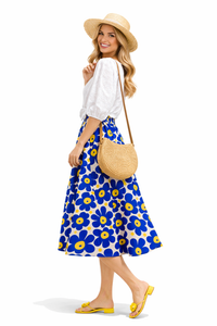 Elastic High Waist Geometric Floral Print A-line Midi Cotton Skirt