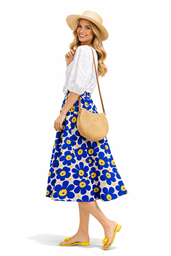 Elastic High Waist Geometric Floral Print A-line Midi Cotton Skirt