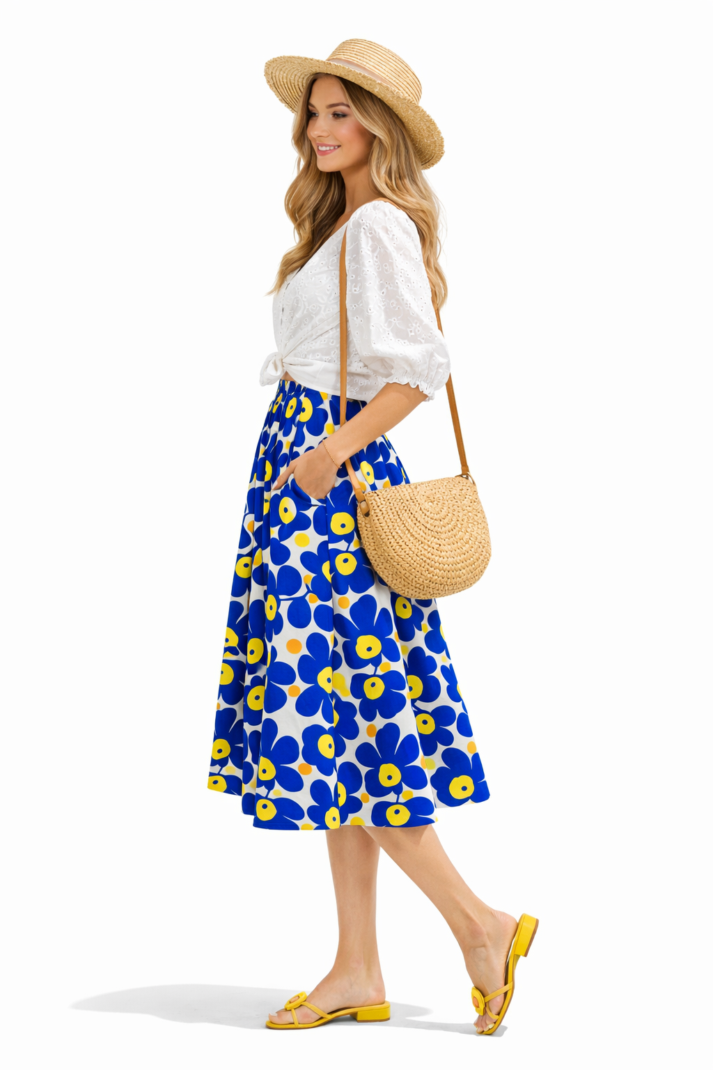 Elastic High Waist Geometric Floral Print A-line Midi Cotton Skirt