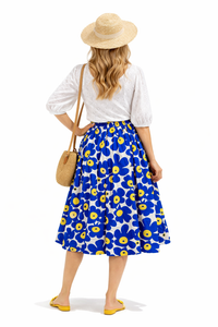 Elastic High Waist Geometric Floral Print A-line Midi Cotton Skirt