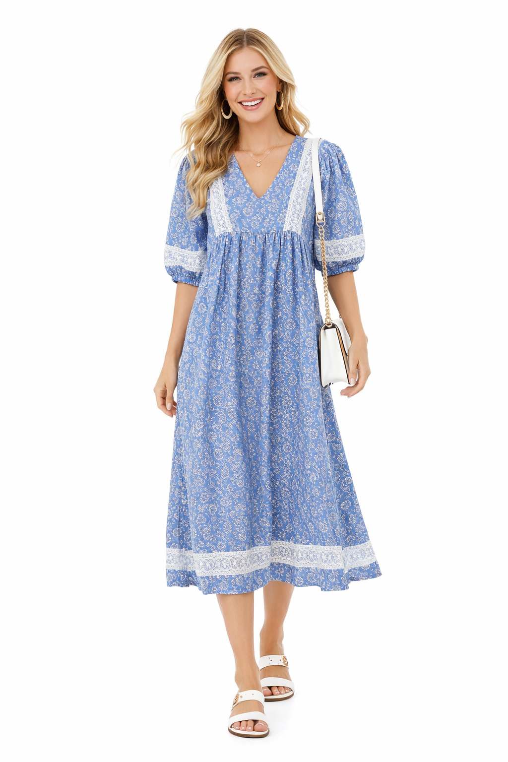 Boho V-neck Puff Sleeve Paisley Print Empire-Waist Cotton Dress