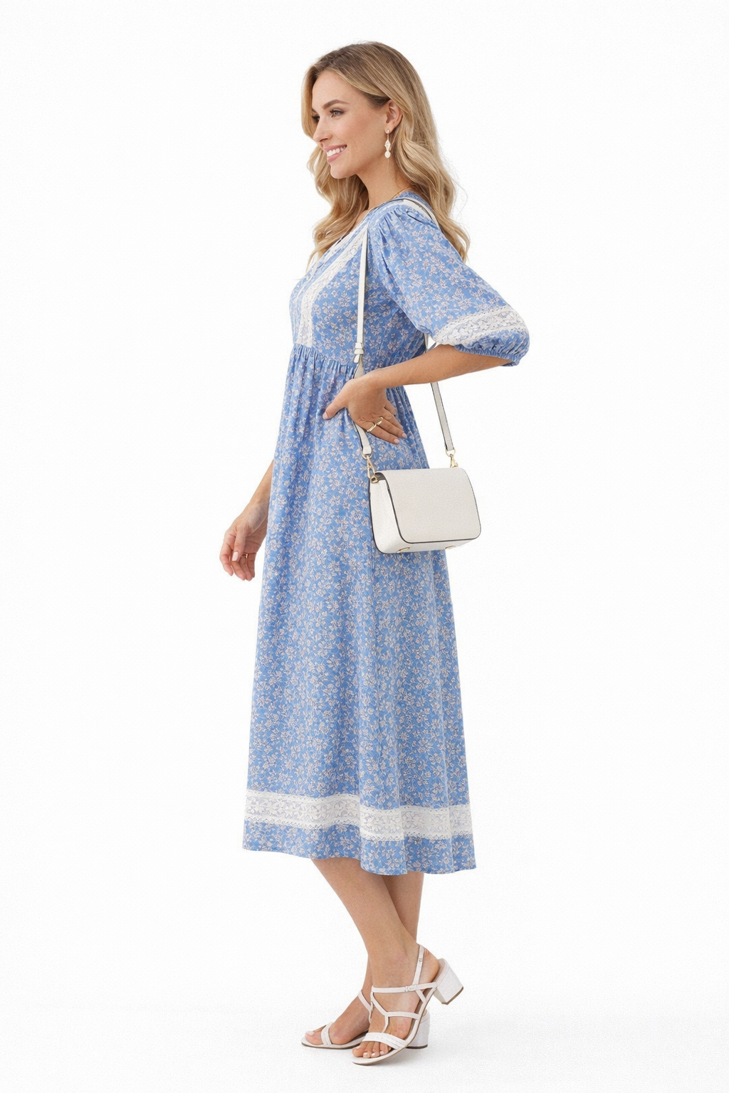 Boho V-neck Puff Sleeve Paisley Print Empire-Waist Cotton Dress