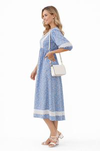 Boho V-neck Puff Sleeve Paisley Print Empire-Waist Cotton Dress