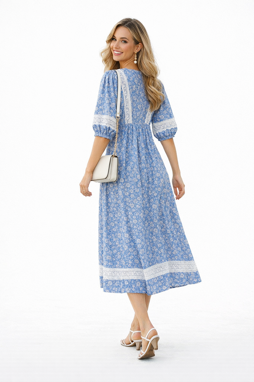 Boho V-neck Puff Sleeve Paisley Print Empire-Waist Cotton Dress