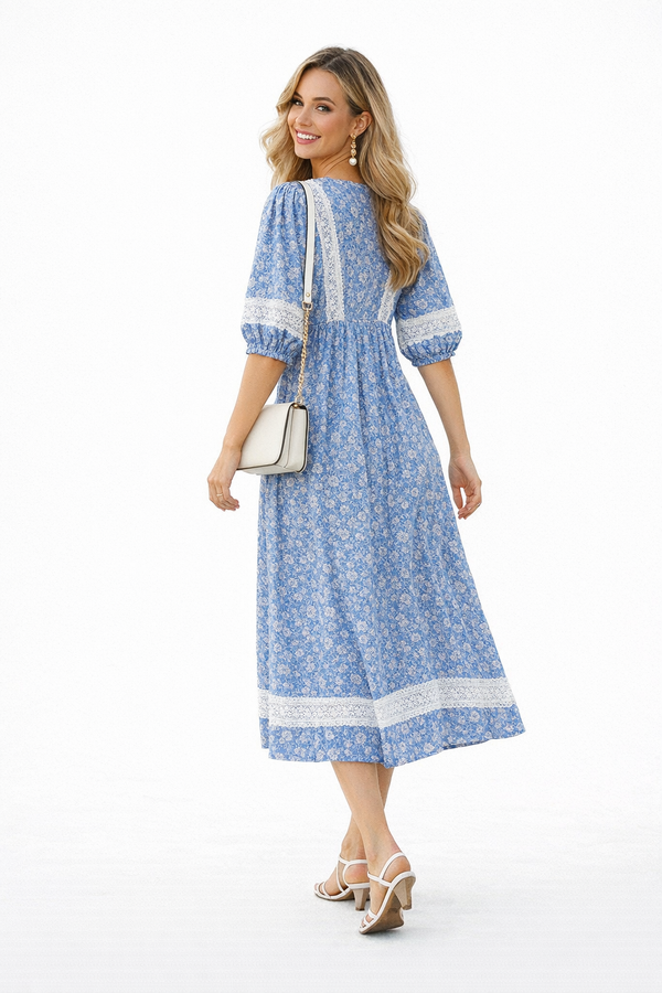 Boho V-neck Puff Sleeve Paisley Print Empire-Waist Cotton Dress