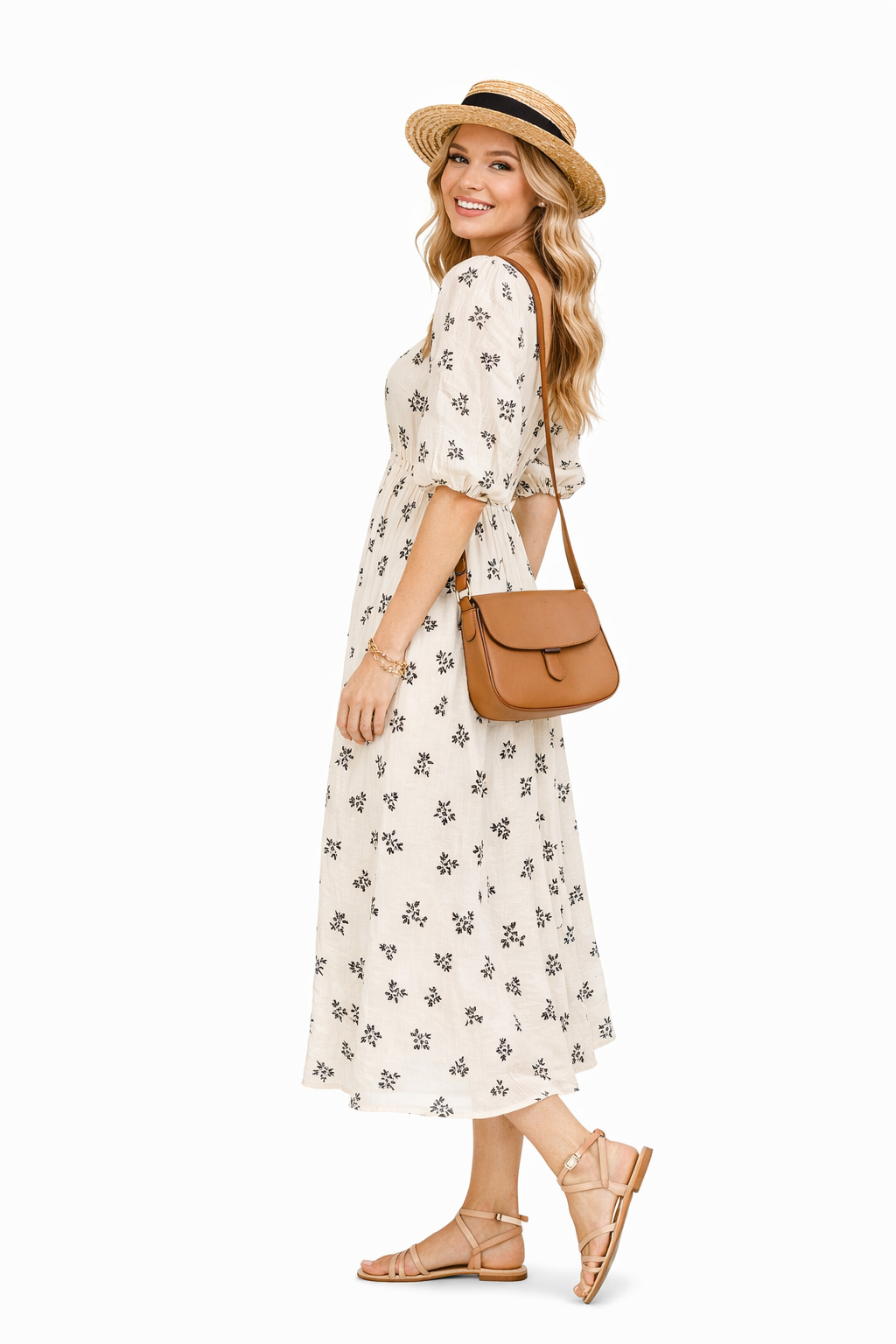Retro Square Neck Shirred Waist Rose Print Midi Dress in Beige