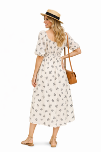 Retro Square Neck Shirred Waist Rose Print Midi Dress in Beige