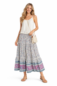 Boho Elastic Waist Drawstring Floral Printed Tiered Maxi Skirt