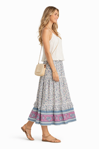 Boho Elastic Waist Drawstring Floral Printed Tiered Maxi Skirt