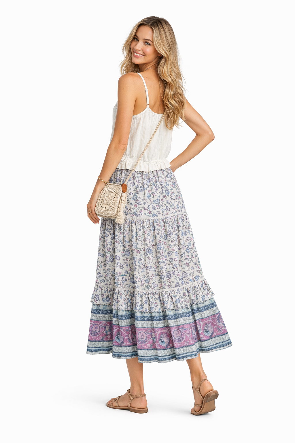 Boho Elastic Waist Drawstring Floral Printed Tiered Maxi Skirt