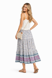 Boho Elastic Waist Drawstring Floral Printed Tiered Maxi Skirt