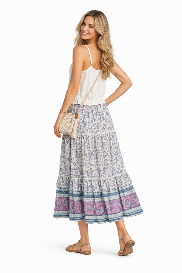 Boho Elastic Waist Drawstring Floral Printed Tiered Maxi Skirt
