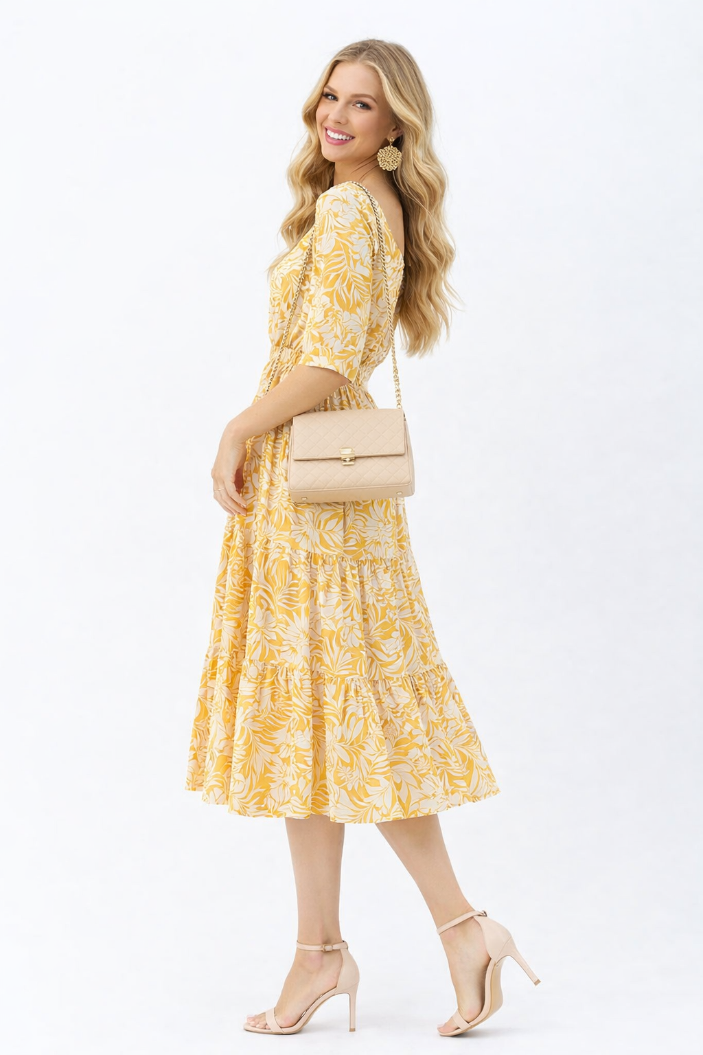 Sweetheart Neck Palm Leaf Print Tiered Maxi Dress in Mustard