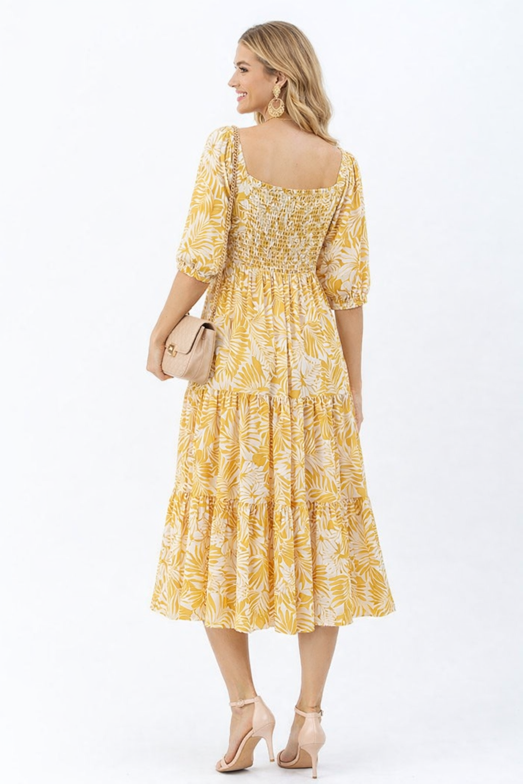 Sweetheart Neck Palm Leaf Print Tiered Maxi Dress in Mustard