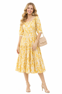 Sweetheart Neck Palm Leaf Print Tiered Maxi Dress in Mustard