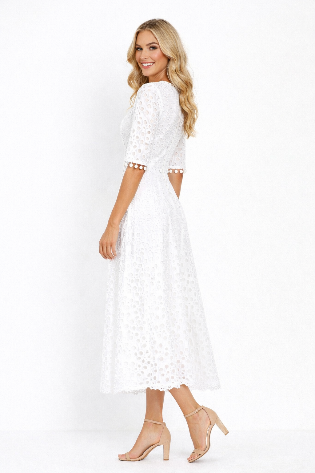 Floral Crochet Lace Eyelet Empire Waist Maxi Dress in White