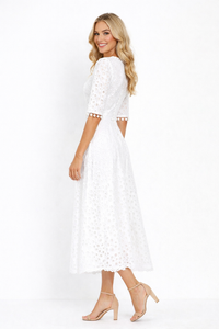Floral Crochet Lace Eyelet Empire Waist Maxi Dress in White