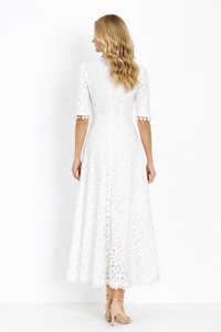 Floral Crochet Lace Eyelet Empire Waist Maxi Dress in White
