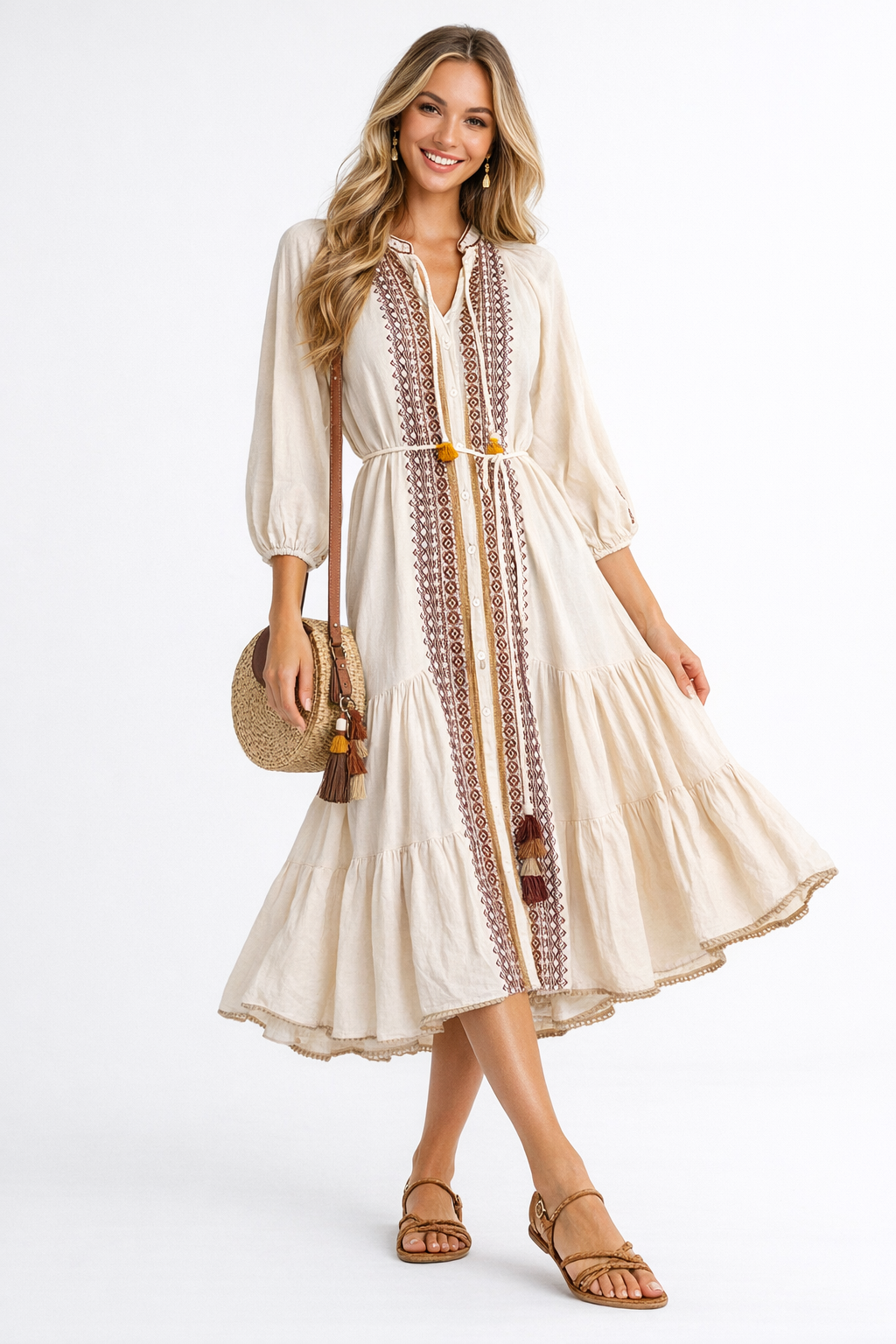 Moroccan High Neck Embroidered Tassel Swing Dress in Beige