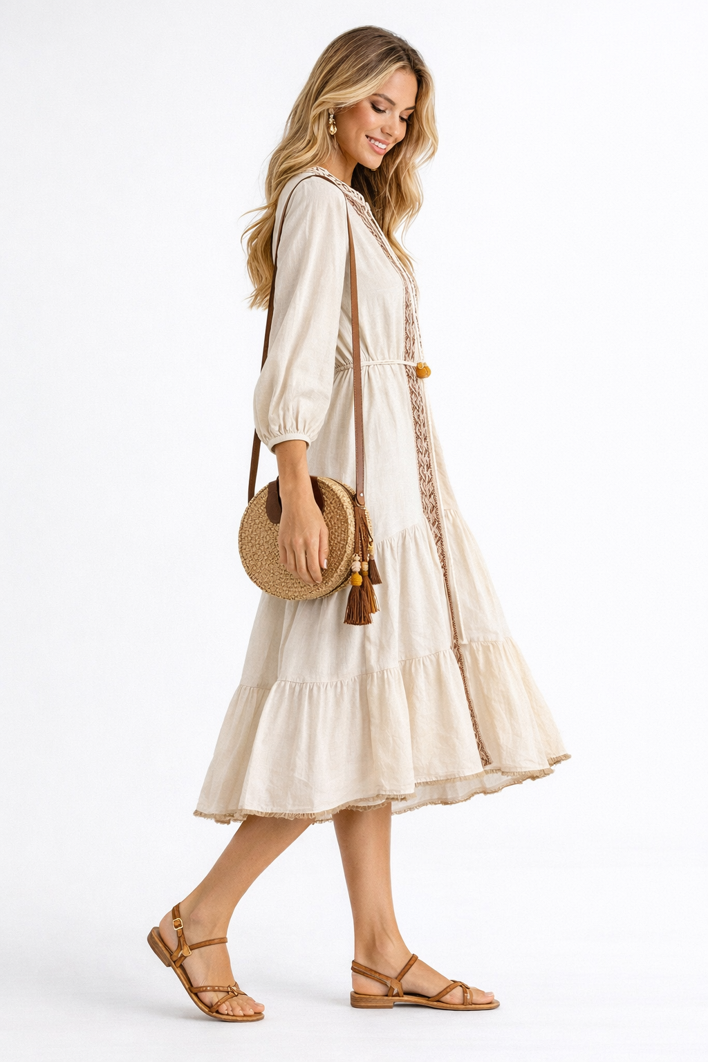 Moroccan High Neck Embroidered Tassel Swing Dress in Beige