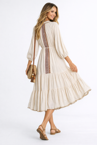 Moroccan High Neck Embroidered Tassel Swing Dress in Beige