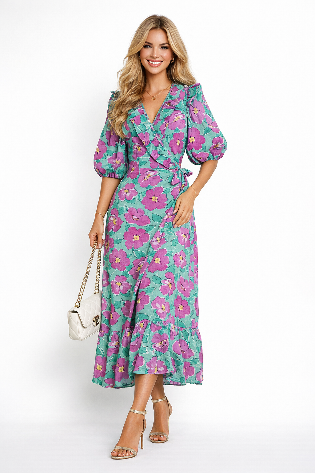 Puffy Sleeve Ruffled V-neck Floral Print Wrap Dress