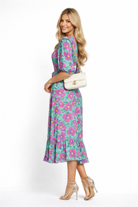 Puffy Sleeve Ruffled V-neck Floral Print Wrap Dress