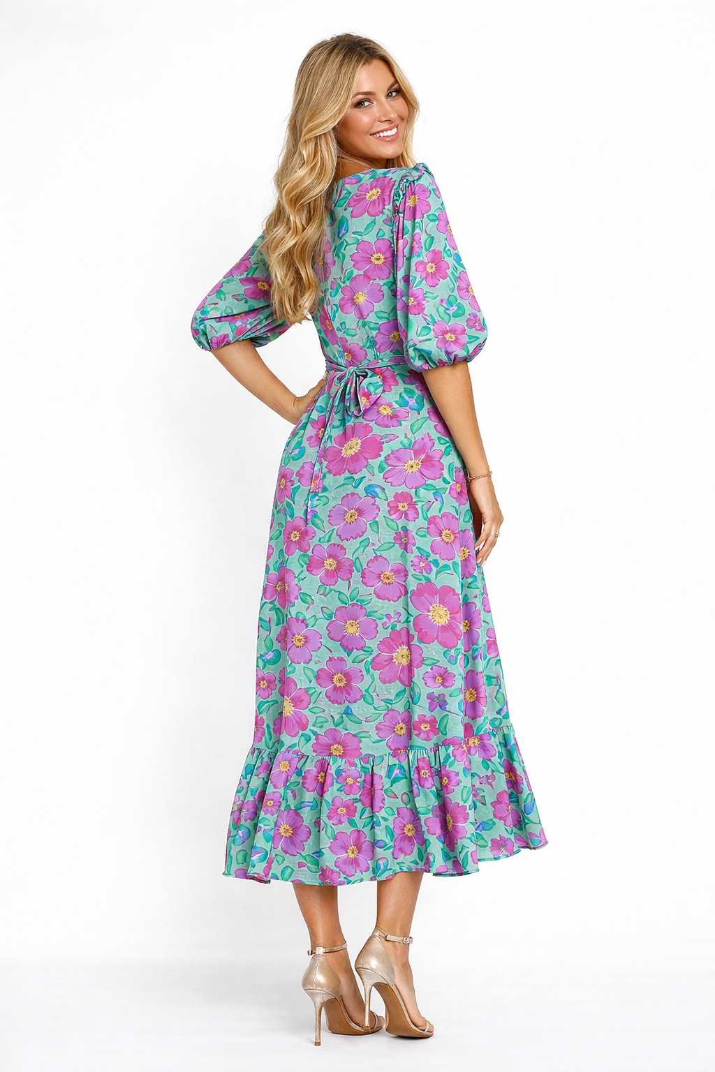 Puffy Sleeve Ruffled V-neck Floral Print Wrap Dress