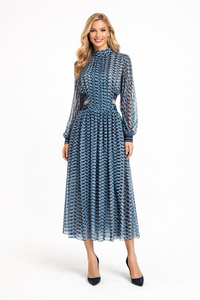 Flowy Chiffon High Neck Cut-out Waist Pleated Dress