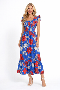 Floral Print Ruffled Shirred Maxi Tiered Dress