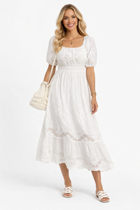 Victorian Square Neck Embroidered Cotton Tiered Peasant Dress