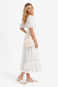 Victorian Square Neck Embroidered Cotton Tiered Peasant Dress