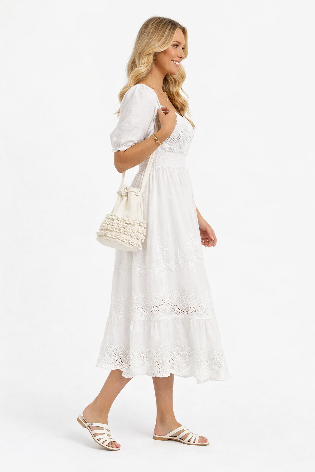 Victorian Square Neck Embroidered Cotton Tiered Peasant Dress