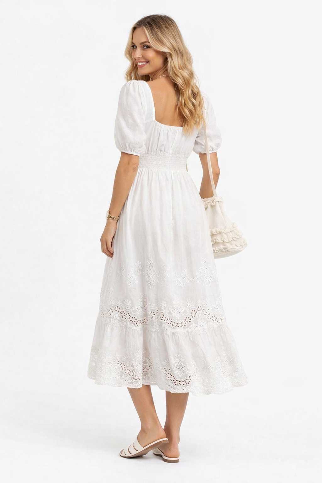 Victorian Square Neck Embroidered Cotton Tiered Peasant Dress