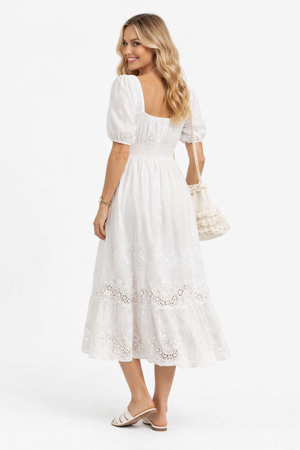 Victorian Square Neck Embroidered Cotton Tiered Peasant Dress