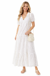 Hippie Ruffle Drawstring High-neck Cotton Tiered Dress in White