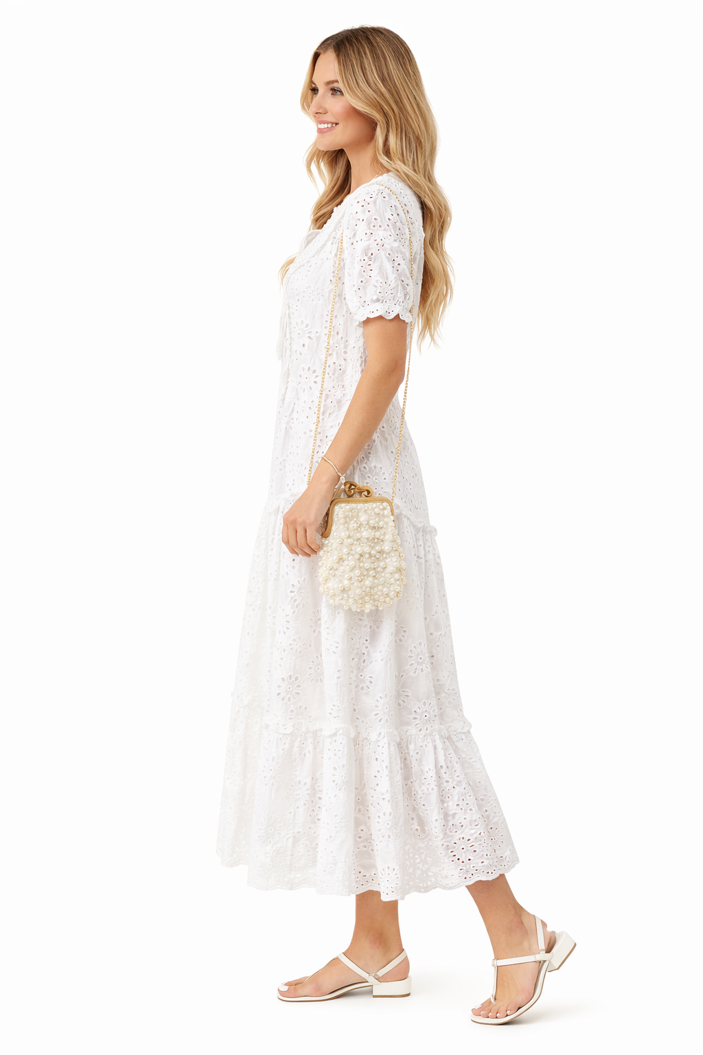 Hippie Ruffle Drawstring High-neck Cotton Tiered Dress in White