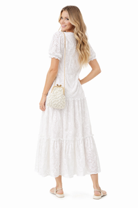 Hippie Ruffle Drawstring High-neck Cotton Tiered Dress in White